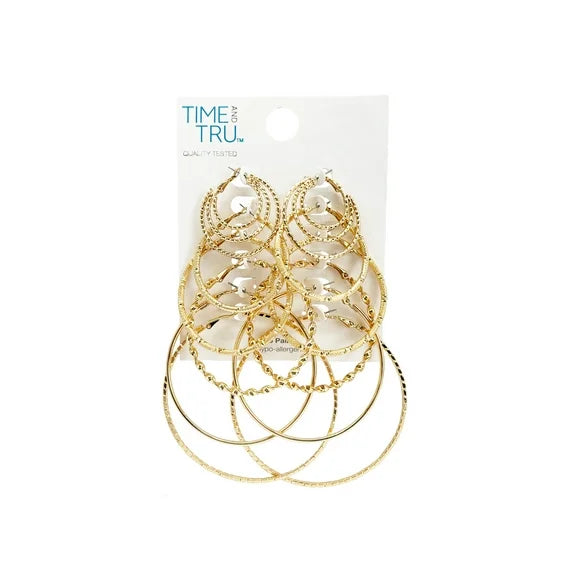 Time and Tru Women's Gold Tone Hoop Earring Set – 6-Piece