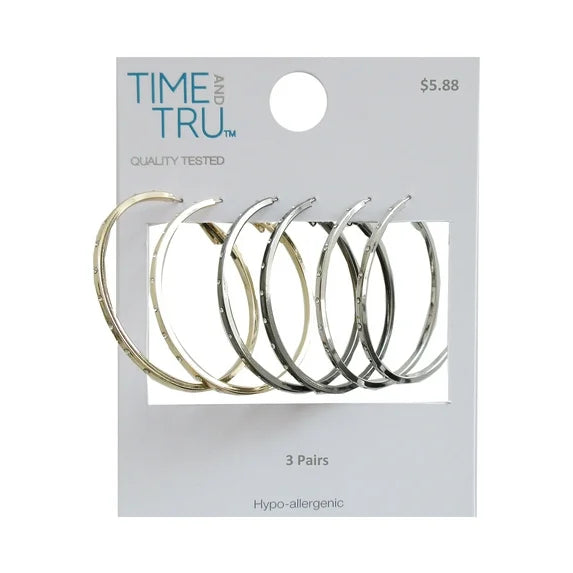 3-Piece Crystal Hoop Earring Set – Time and Tru Women’s Jewelry