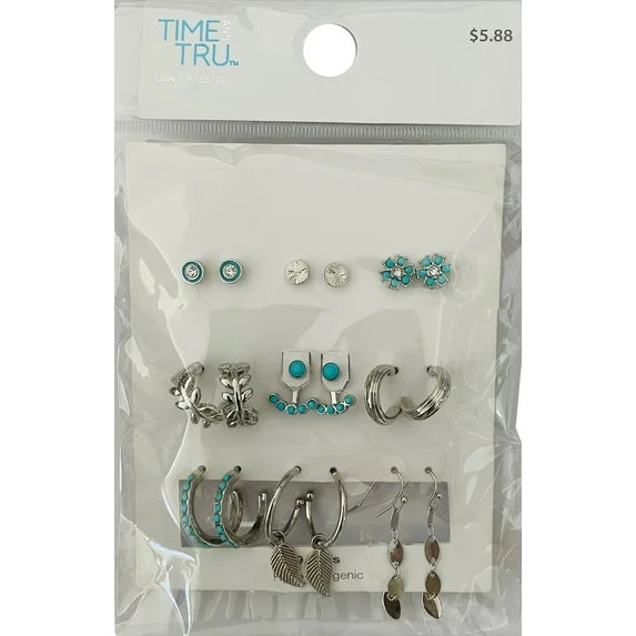 Time and Tru 9-Piece Women's Silver & Faux Turquoise Earring Set