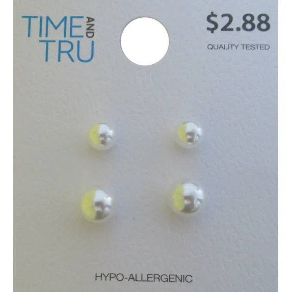 Time and Tru Women’s Faux Pearl Stud Earrings – 2-Piece Elegant Classic Set