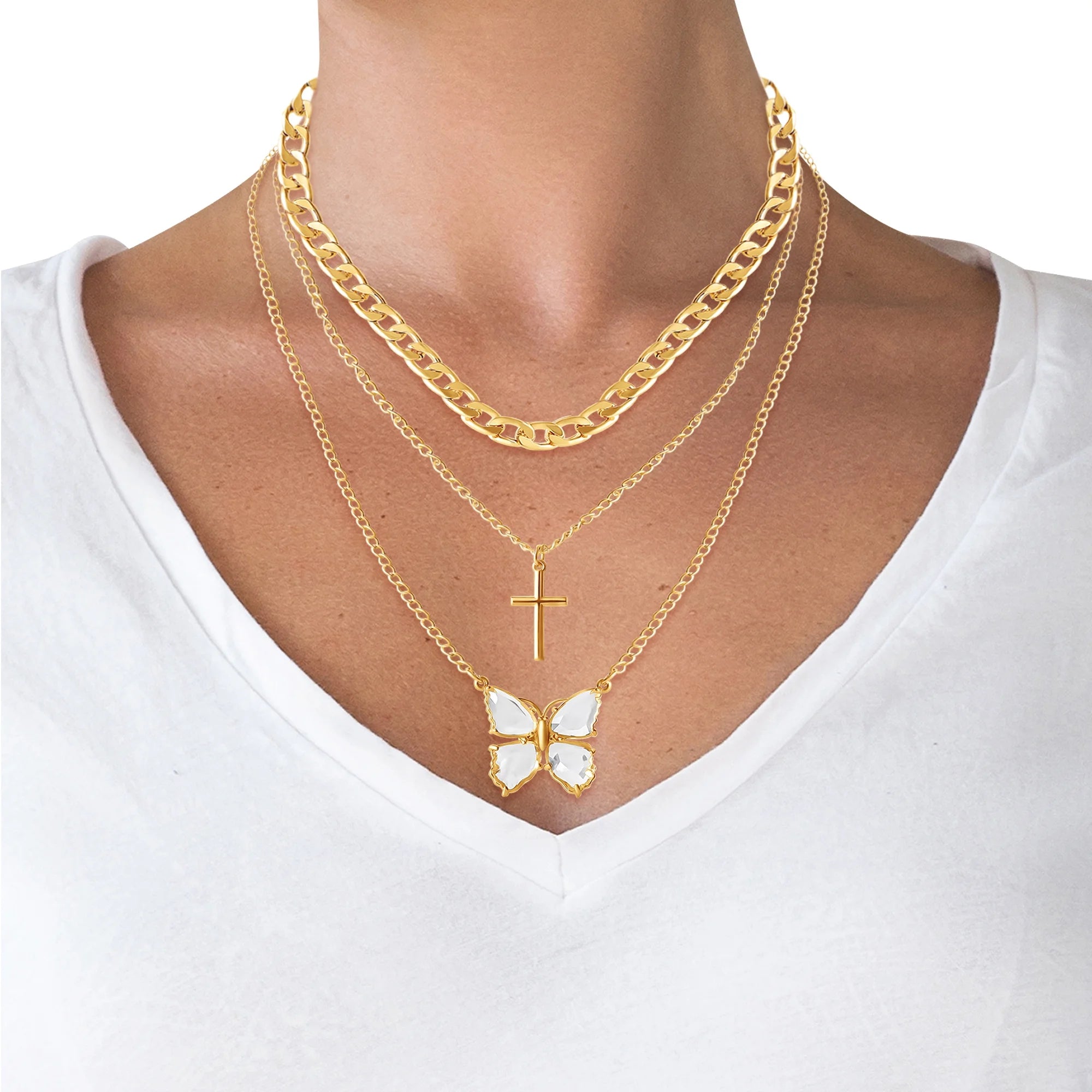 Jessica Simpson Women’s Layered Butterfly & Cross Necklace