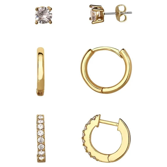 Believe by Brilliance 14K Gold-Plated CZ Stud & Hoop Earring Set – Women’s 3