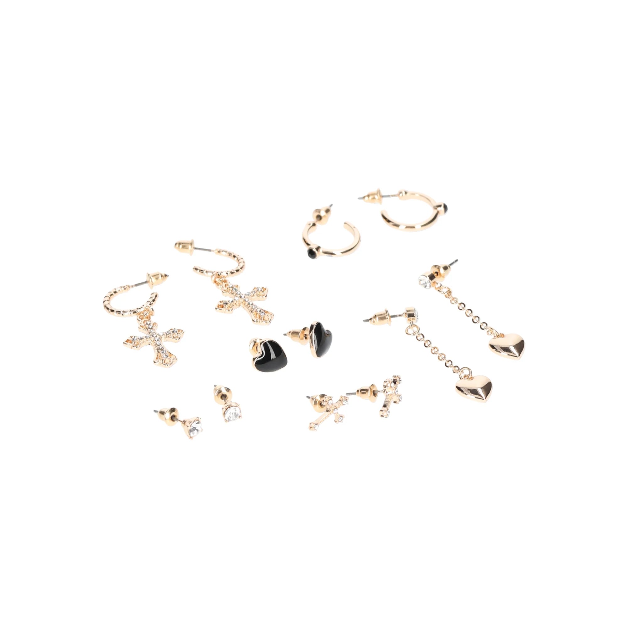 No Boundaries 6-Pack Black & Gold Heart and Cross Earrings