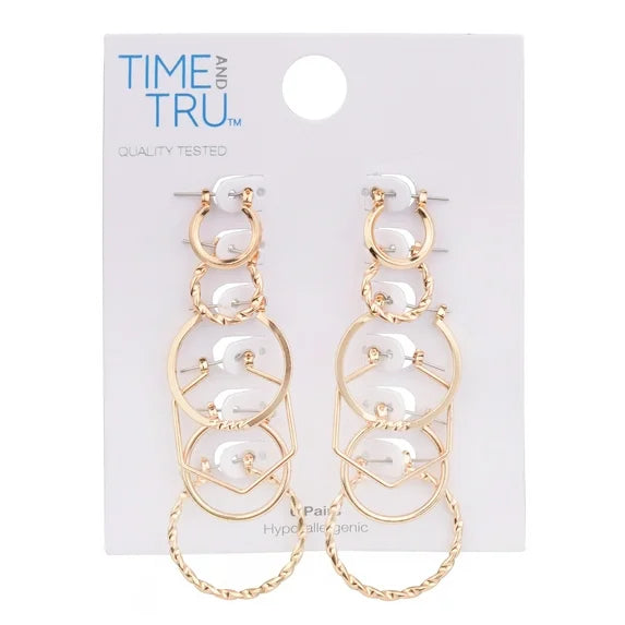 Time and Tru Women’s 6-Pair Gold Tone Hoop Earrings Set