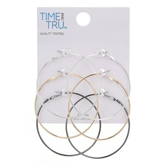 Time and Tru Women’s 3-Pair Metal Hoop Earring Set