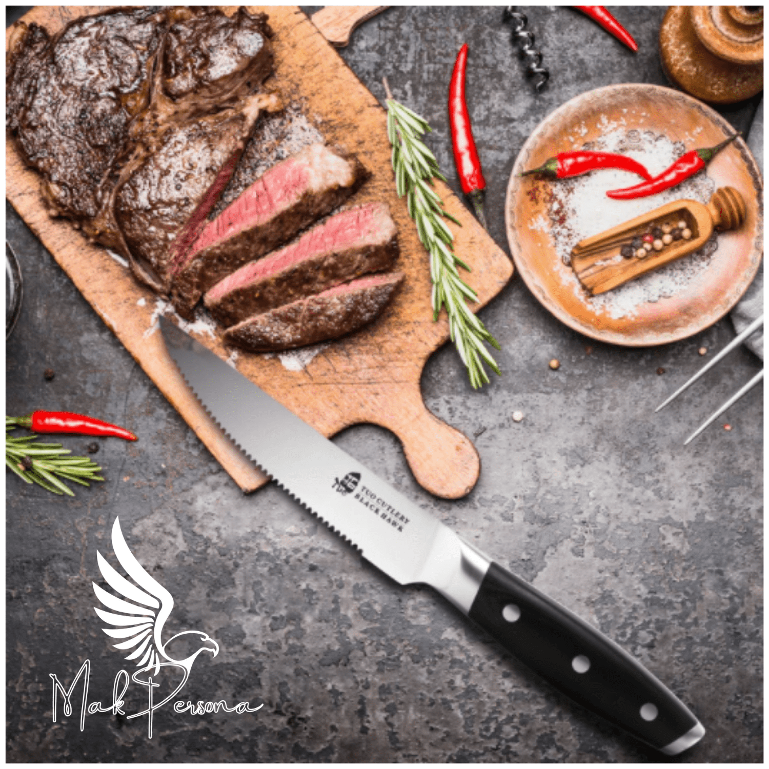 Professional 5 inch Serrated Steak Knife Set 4 BLACK HAWK Mak Persona