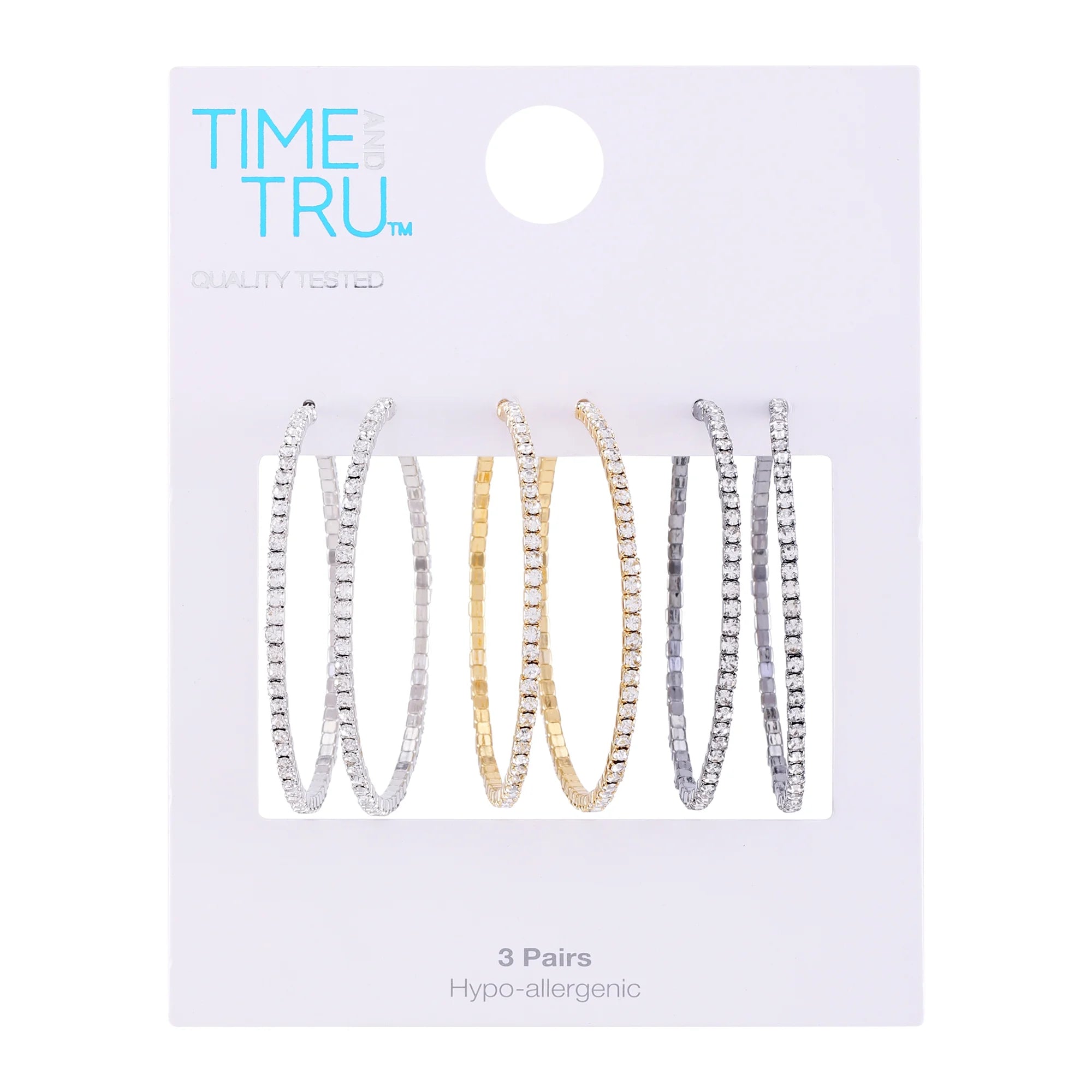 Time and Tru Women’s Tri-Tone Rhinestone Hoop Earrings – 3-Pair Set
