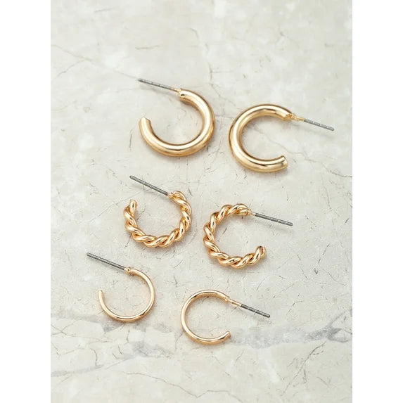 Time and Tru Gold Hoop Earring Set for Women – 3 Pairs