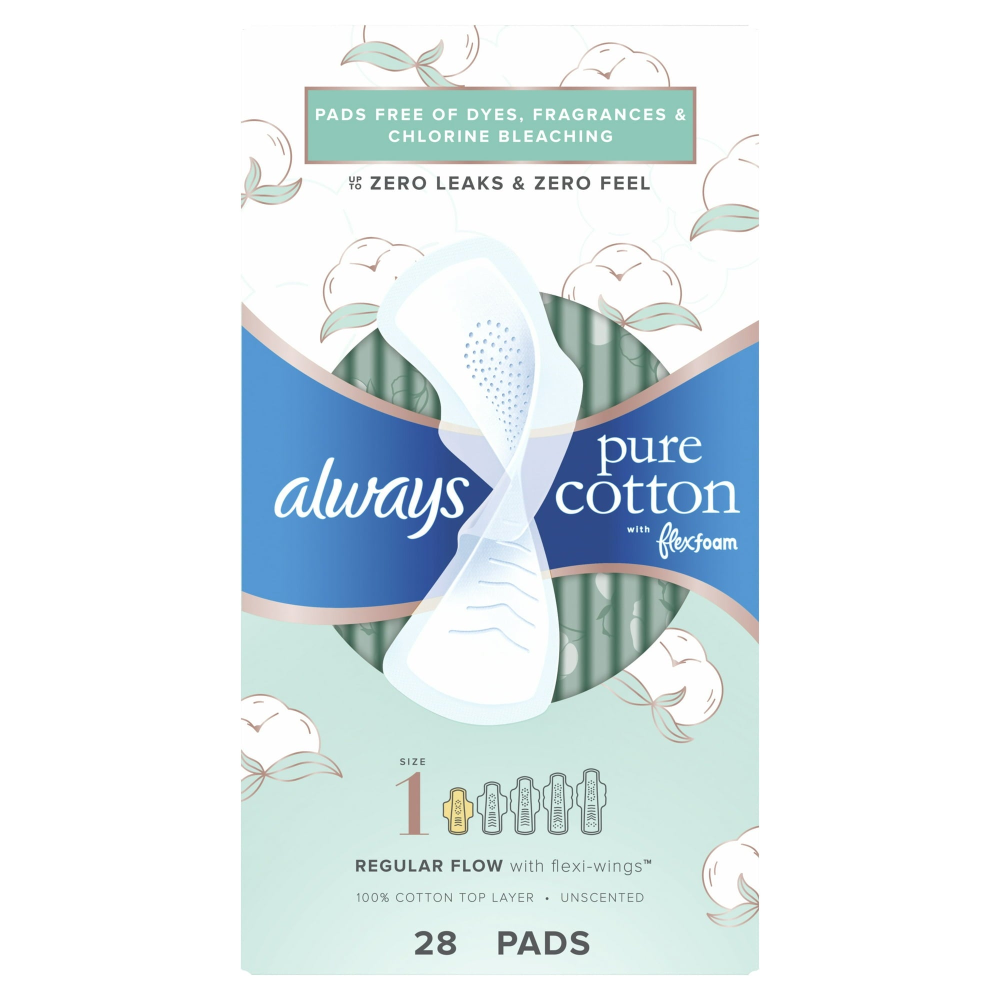 Always Pure Cotton Pads , Size 1 , Regular, 28 count