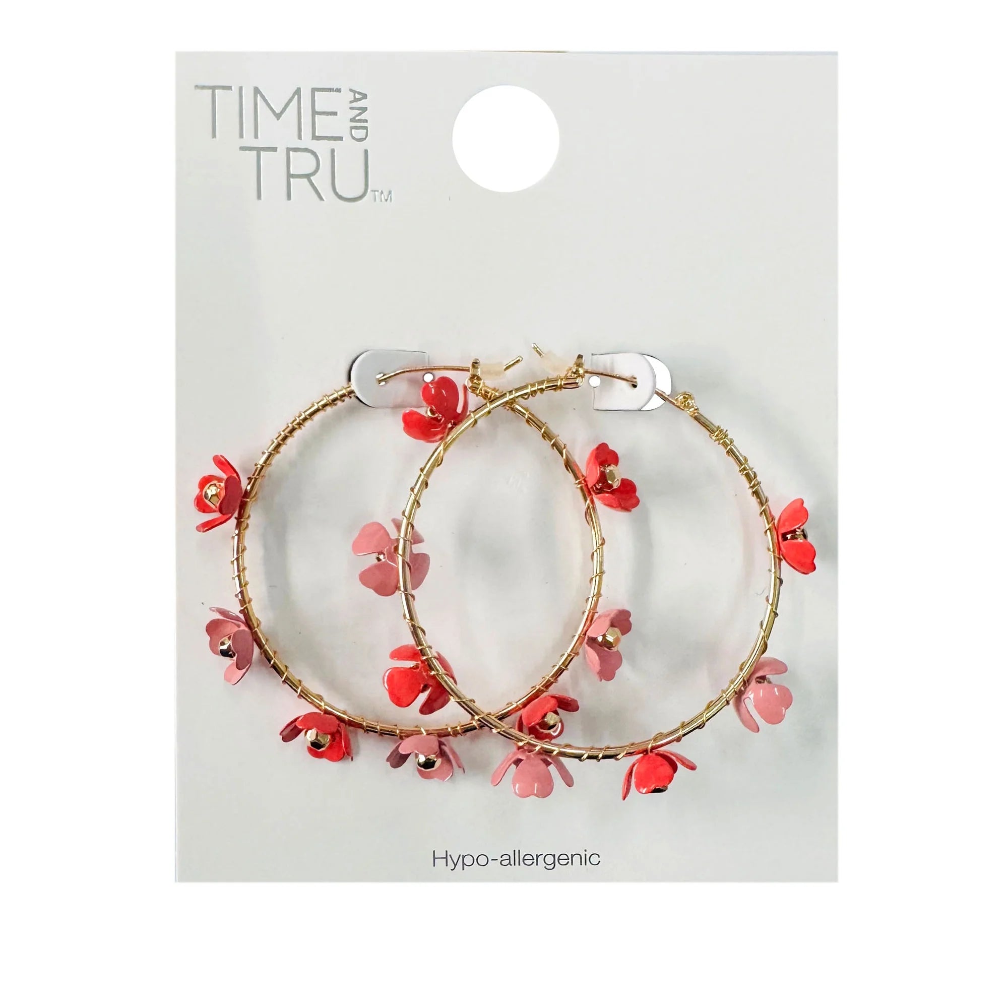 Time and Tru Gold & Pink Flower Hoop Earrings 