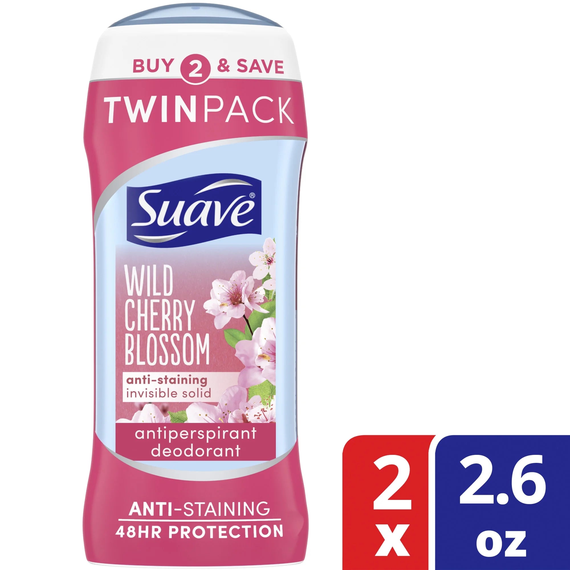 Suave Antiperspirant Deodorant, Wild Cherry Blossom, 2.6 oz, 2 Pack