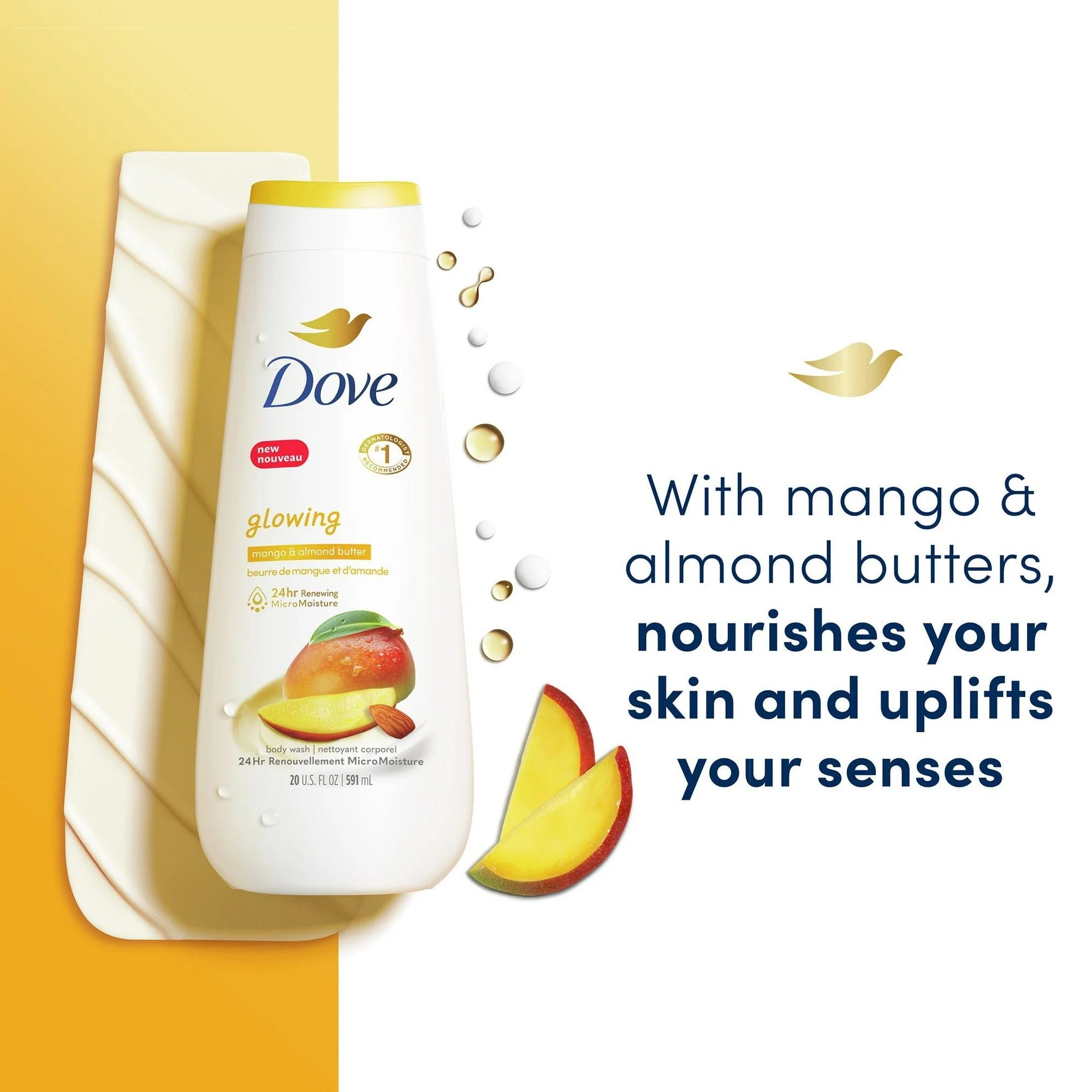 Dove Glowing Long Lasting Gentle Women's Body Wash All Skin Type, Mango and Almond Butter, 20 fl oz