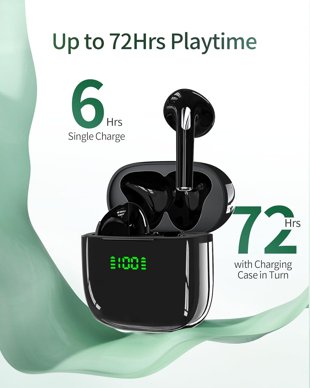 72-Hour Wireless Earbuds IPX7 Waterproof, LED Display