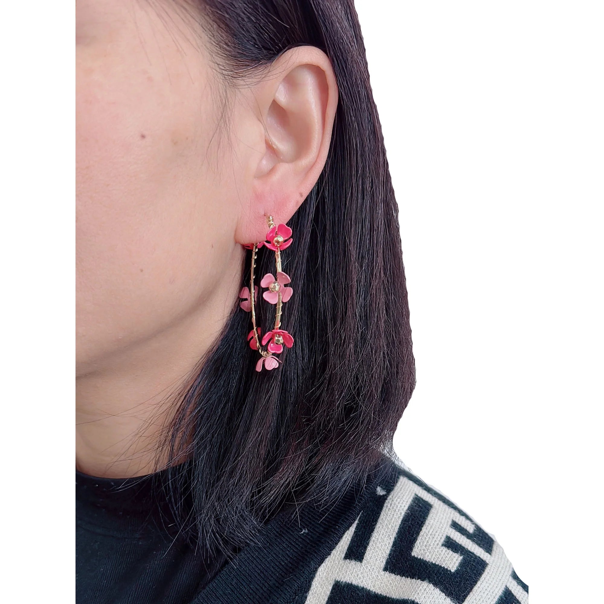 Time and Tru Gold & Pink Flower Hoop Earrings 