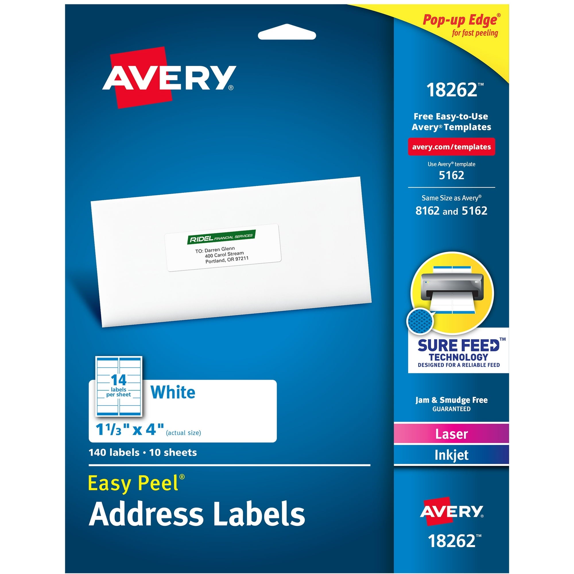 Avery Easy Peel Address Labels, White, 1-1/3" x 4", 140 Labels