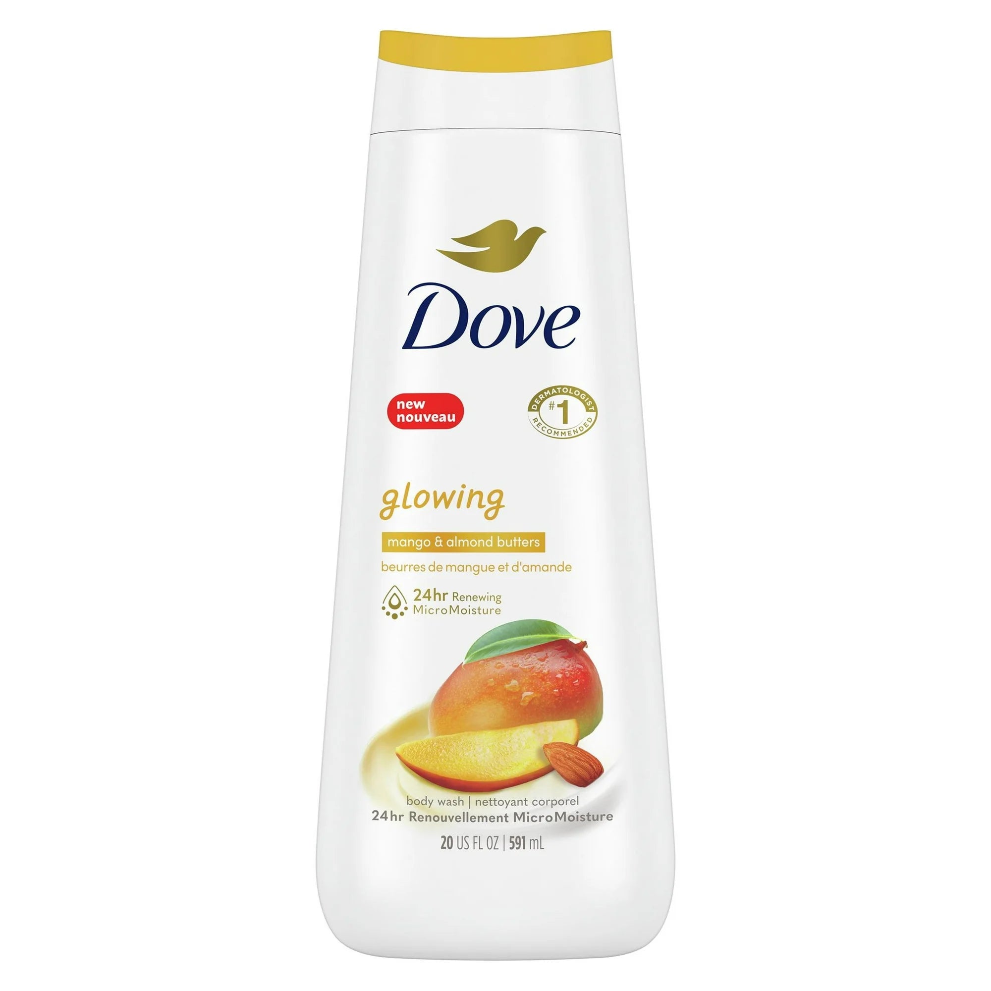 Dove Glowing Long Lasting Gentle Women's Body Wash All Skin Type, Mango and Almond Butter, 20 fl oz