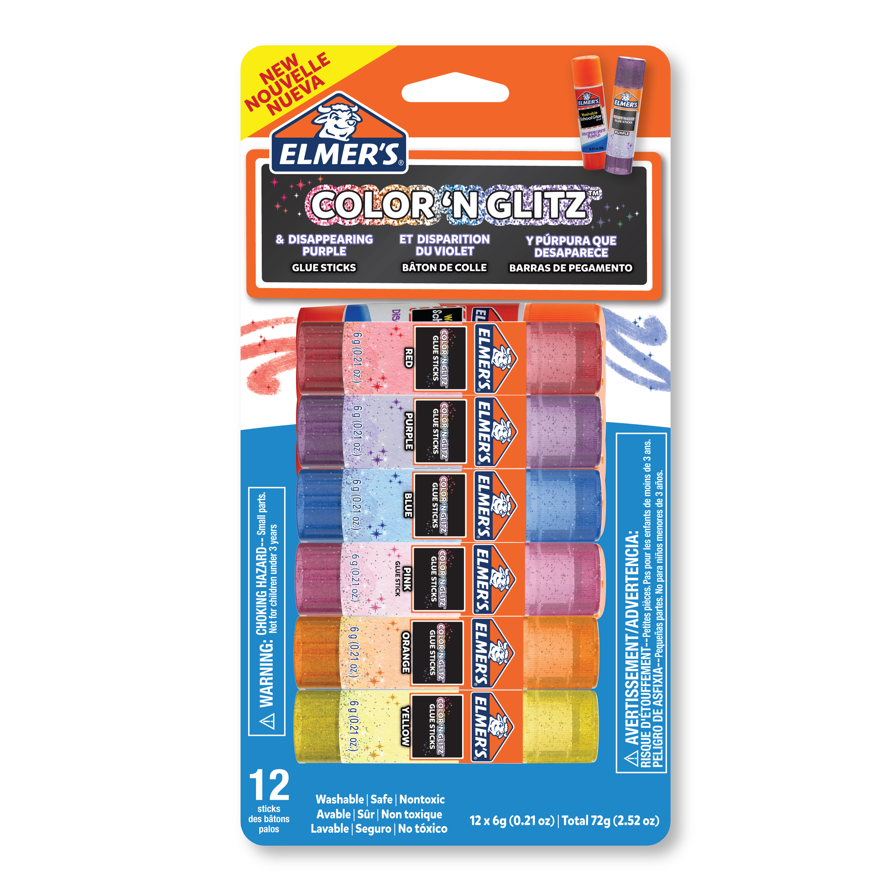 Elmer’s Color 'n Glitz Glue Sticks, Washable, Assorted Colors, 6 Grams, 12 Pack