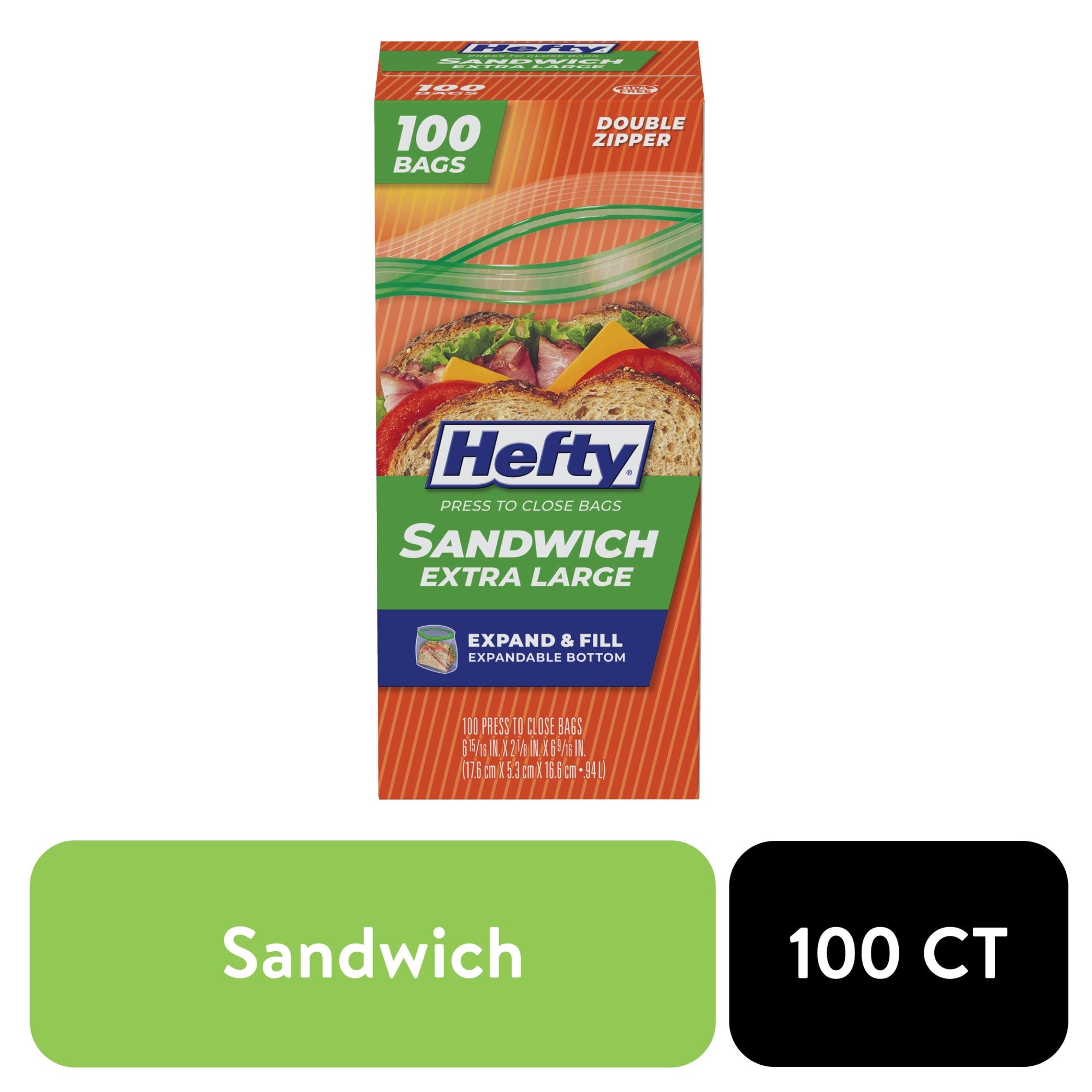 Hefty Press to Close Plastic Bags, 100 Count