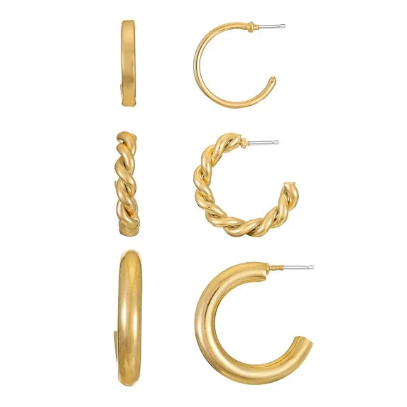 Time and Tru Gold Hoop Earring Set for Women – 3 Pairs