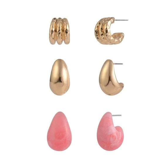 Time and Tru Women’s 3-Piece Gold-Tone & Coral Acrylic C-Hoop Earring Set