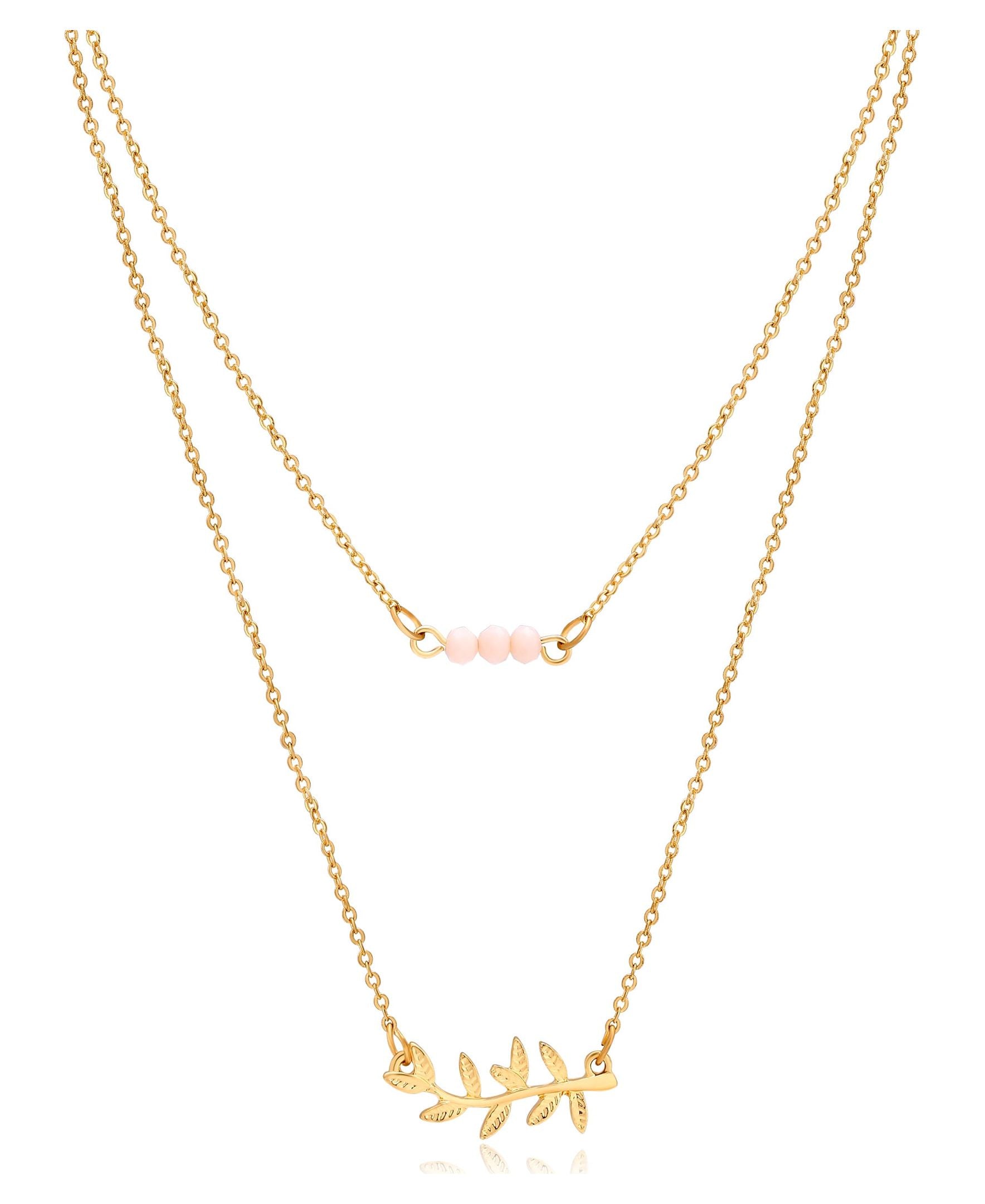 Women's Delicate Duo Layered Peach Glass Bead and Leaf Necklaces