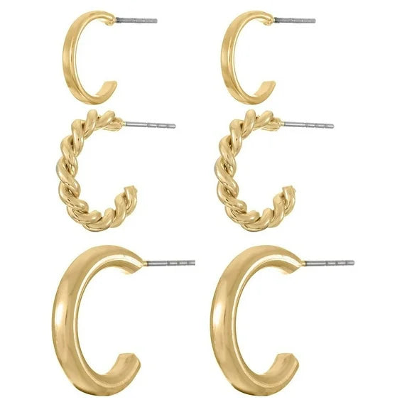 Time and Tru Gold Hoop Earring Set for Women – 3 Pairs