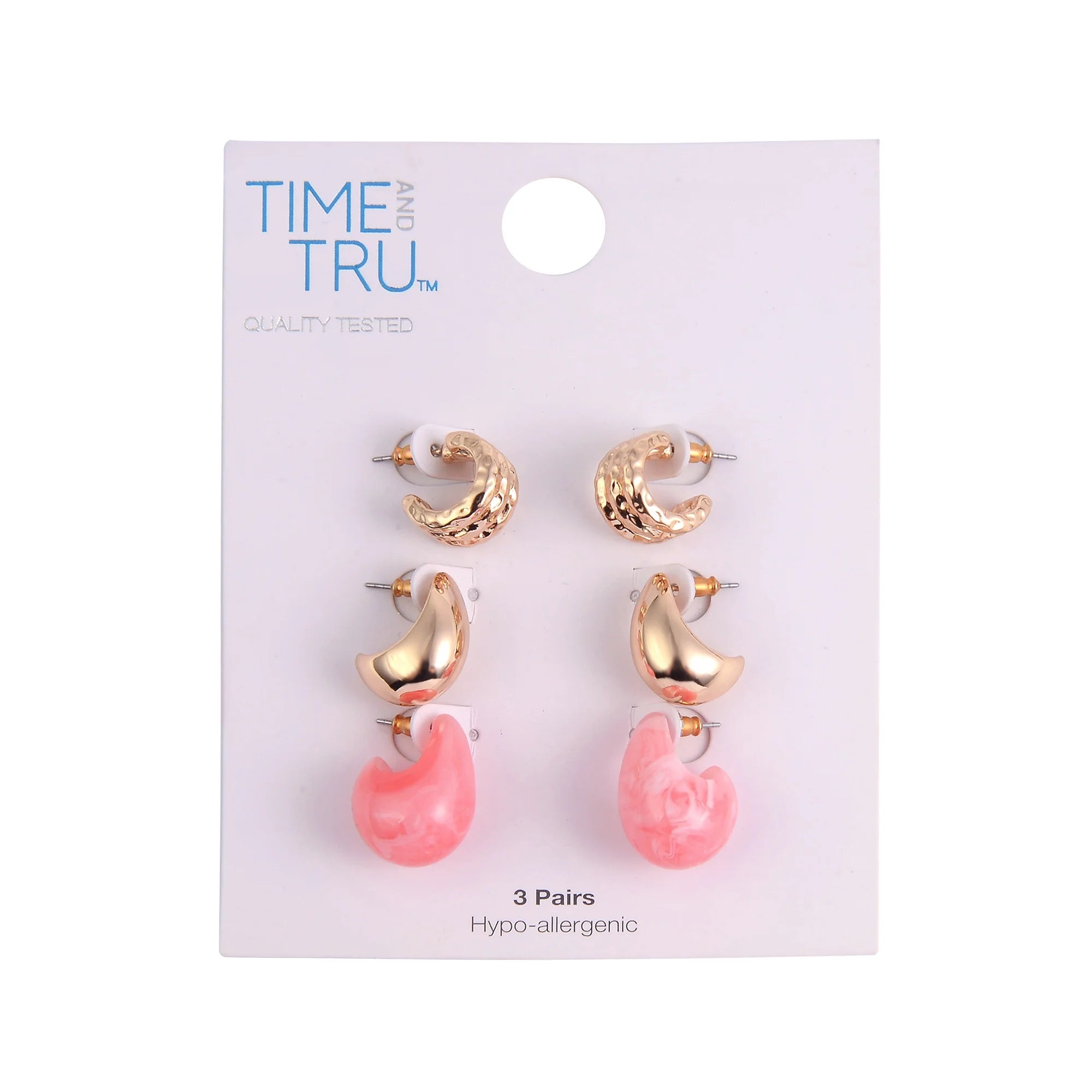 Time and Tru Women’s 3-Piece Gold-Tone & Coral Acrylic C-Hoop Earring Set