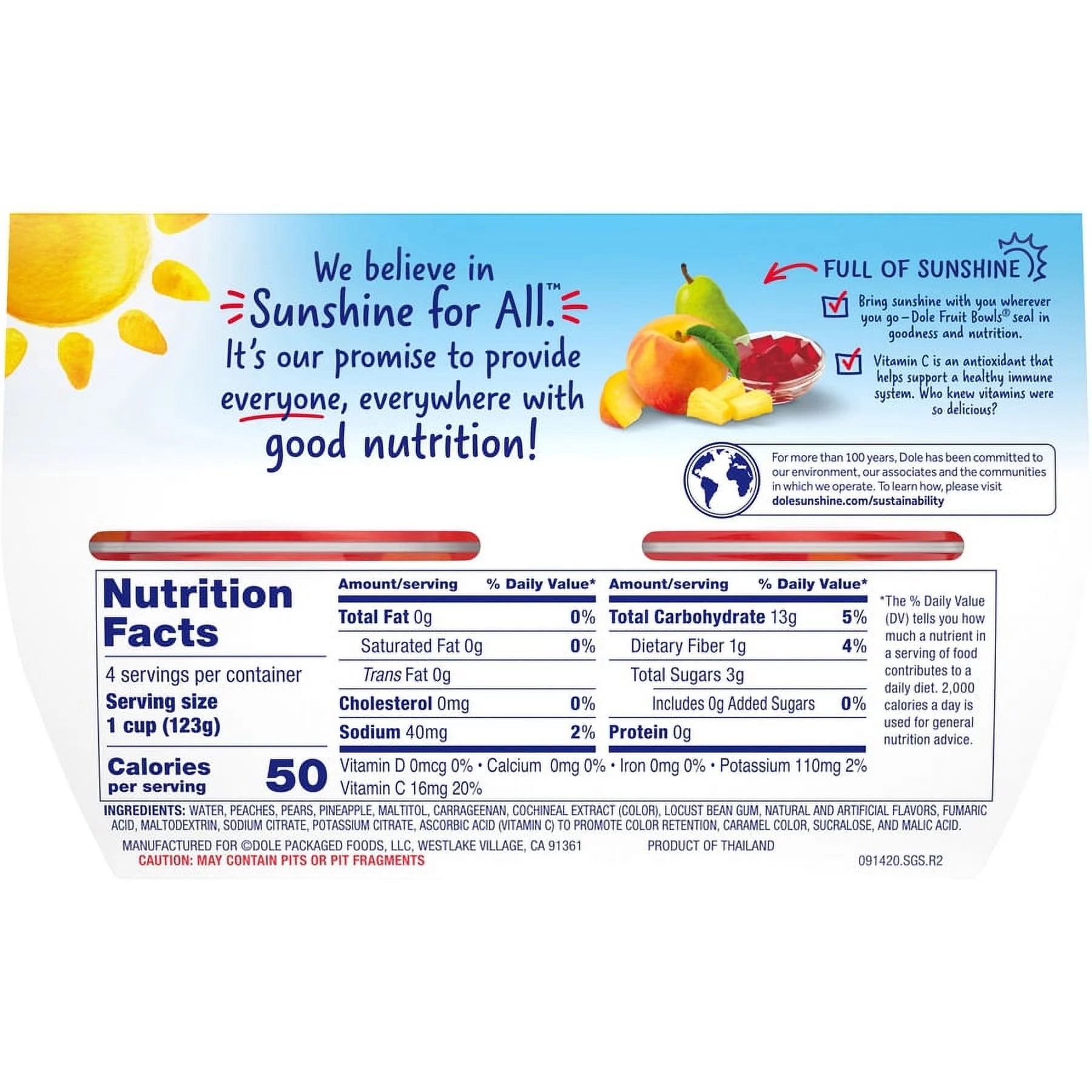 Dole Fruit Bowls No Sugar Added Mixed Fruit in Cherry Gel, 4.3 oz (4 Cups)