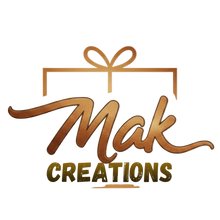 A digital logo featuring the text 'Mak Creations' in a metallic bronze-gold cursive font, with a gift box outline and bow above, and 'CREATIONS' in a textured metallic gold block font below, all on a plain white background.